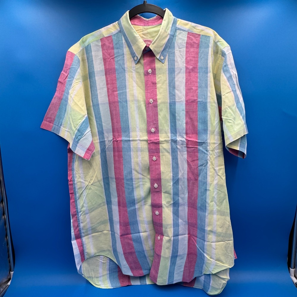 Brooks Brothers Mens Large Short Sleeve Cotton Button Down Pastel Stripe Shirt